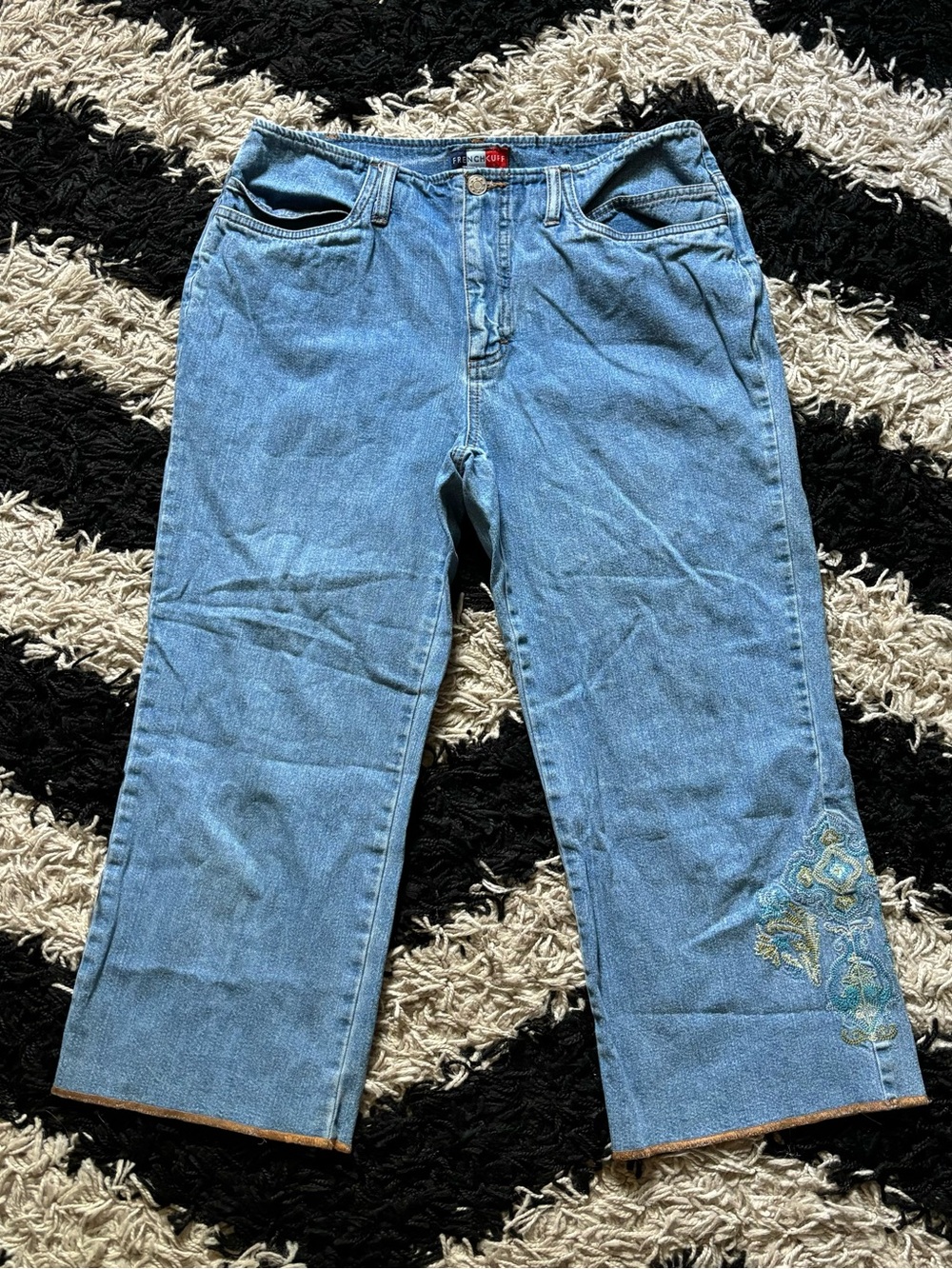 French Cuff Embroidered Light Wash Denim Wide Leg Capri Jeans